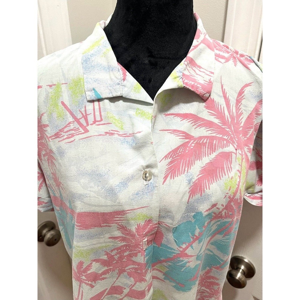 VTG Topson Downs 80s Pink Blue Button Down Short Sleeve Blouse L Miami Vice - Picture 2 of 11